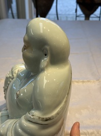 A Chinese famille rose Milefo Buddha and a white-glazed gilt-decorated Milefo Buddha, Wei Hongtai 魏洪泰 and Zhu Yishun 朱義順 mark, Republic