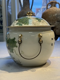 A Chinese famille rose 'Peacock' covered bowl, a candlestick and a stembowl, Guangxu mark and of the period, 19/20th C.