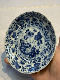 Nine Chinese blue and white cups and 12 saucers, Kangxi