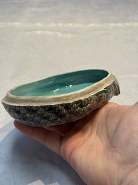 A pair of Chinese turquoise-glazed ducks and a pair of verte biscuit quail-form covered boxes, 20th C.