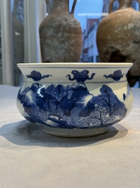 A Chinese blue and white censer depicting two sages in a mountainous landscape, Kangxi