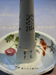 A Chinese famille rose 'Peacock' covered bowl, a candlestick and a stembowl, Guangxu mark and of the period, 19/20th C.