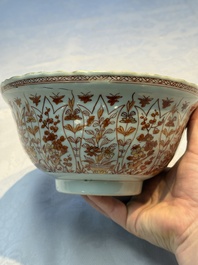 A pair of Chinese  iron-red and gilt-decorated 'Elegant Ladies and Tulips' bowls and covers, Kangxi