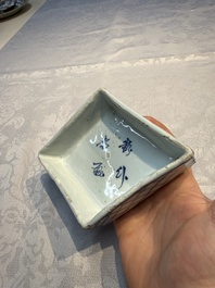 A rare Chinese blue and white Ko-Sometsuke lozenge-shaped inscribed tray for the Japanese market, Tianqi