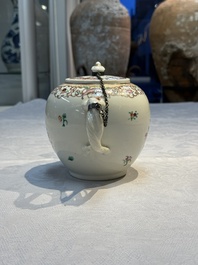 A Chinese famille rose 'Xi Xiang Ji' plate, a 'Rooster' saucer, and a 'Lowestoft' covered teapot, Yongzheng/Qianlong