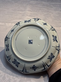 A set of five Japanese Arita blue and white octagonal tea ceremony plates with riverscape design, Edo, 18th C.
