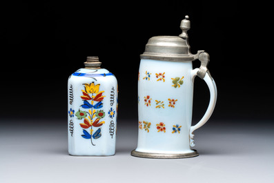 A group of seven Bohemian enamelled 'Milchglas' or milk glass wares, 18/19th C.