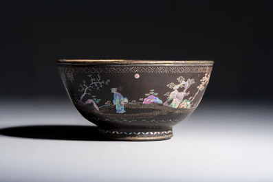 A Chinese silver-lined laque burgaut&eacute; bowl with figural design, Kangxi