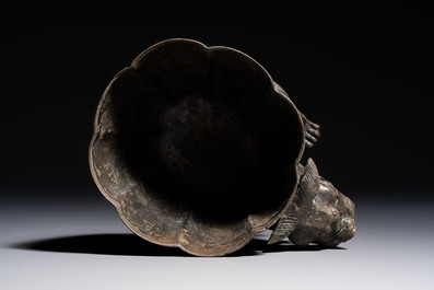 A Chinese bronze 'Mythical Beast' rhyton, Ming