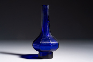 A Chinese blue Beijing glass octagonal bottle vase, Qianlong mark, Republic