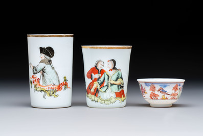 A group of seven Bohemian enamelled 'Milchglas' or milk glass wares, 18/19th C.