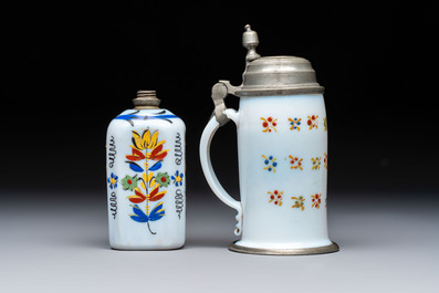 A group of seven Bohemian enamelled 'Milchglas' or milk glass wares, 18/19th C.
