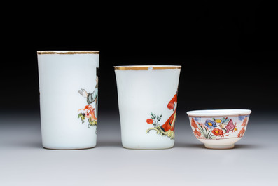 A group of seven Bohemian enamelled 'Milchglas' or milk glass wares, 18/19th C.
