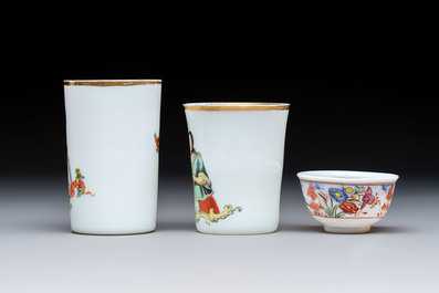 A group of seven Bohemian enamelled 'Milchglas' or milk glass wares, 18/19th C.