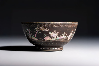 A Chinese silver-lined laque burgaut&eacute; bowl with figural design, Kangxi