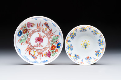 A group of seven Bohemian enamelled 'Milchglas' or milk glass wares, 18/19th C.