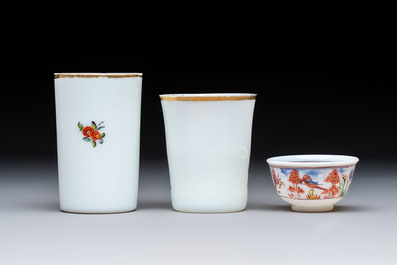 A group of seven Bohemian enamelled 'Milchglas' or milk glass wares, 18/19th C.