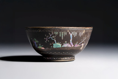 A Chinese silver-lined laque burgaut&eacute; bowl with figural design, Kangxi