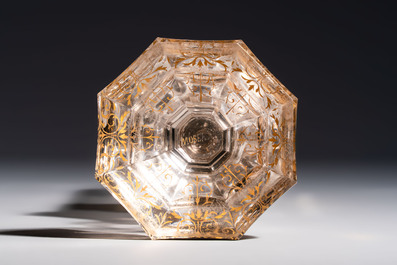 A gilt polychrome-decorated facetted 'Royal Portrait' glass goblet, Moser, Czech Republic, 19th C.