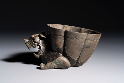 A Chinese bronze 'Mythical Beast' rhyton, Ming