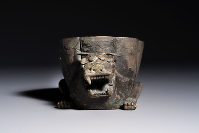 A Chinese bronze 'Mythical Beast' rhyton, Ming