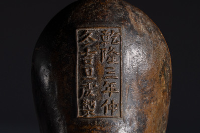 A Chinese archaistic bronze ritual wine vessel, Jue 爵, Qianlong mark, dated 1738