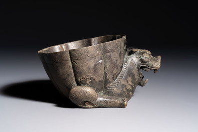 A Chinese bronze 'Mythical Beast' rhyton, Ming