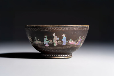 A Chinese silver-lined laque burgaut&eacute; bowl with figural design, Kangxi