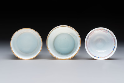 A group of seven Bohemian enamelled 'Milchglas' or milk glass wares, 18/19th C.