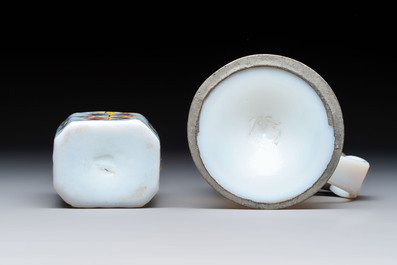 A group of seven Bohemian enamelled 'Milchglas' or milk glass wares, 18/19th C.