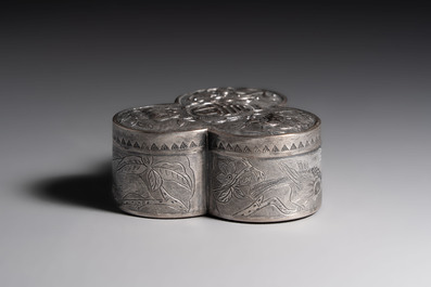 A fine Chinese silver-plated 'Fu Lu Shou' box and cover, 18/19th C.