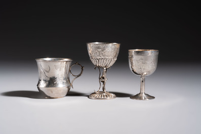 A Chinese silver 'Dragon' vase, two stem cups and a handled cup, various marks, 19/20th C.