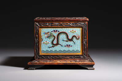 A Chinese wooden 'Dragon' casket mounted with cloisonn&eacute; plaques, 19/20th C.