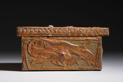 Alfred Daguet (Paris, 1875-1942): An Art Nouveau repouss&eacute; copper-mounted box with aquatic animals and inset glass eyes, monogrammed A.D., ca. 1900