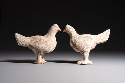 A pair of Chinese cold painted terracotta roosters, Han or later