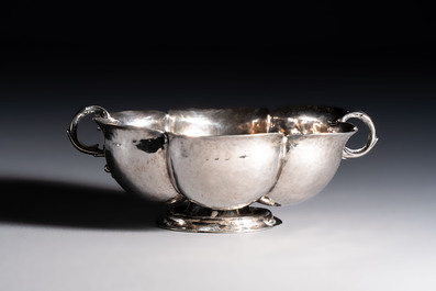 An Italian silver lobed footed bowl with handles, mark of the crossed Keys of St. Peter under a liturgical umbrella, Papal States, Rome, 18th C.