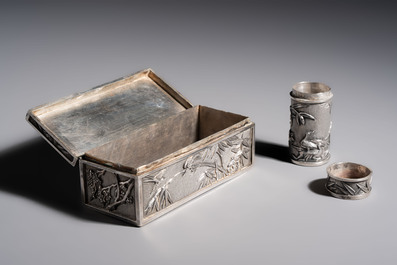 A pair of Chinese silver jarlets, a pair of saucer dishes, a rectangular casket and a cylindrical box, 19/20th C.