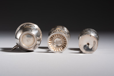 A Chinese silver 'Dragon' vase, two stem cups and a handled cup, various marks, 19/20th C.
