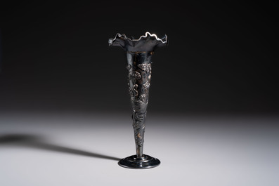 A Chinese silver 'Dragon' vase, two stem cups and a handled cup, various marks, 19/20th C.