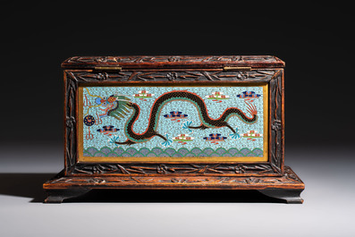 A Chinese wooden 'Dragon' casket mounted with cloisonn&eacute; plaques, 19/20th C.