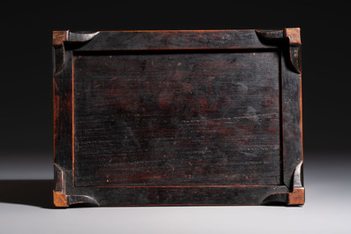 A Chinese wooden 'Dragon' casket mounted with cloisonn&eacute; plaques, 19/20th C.