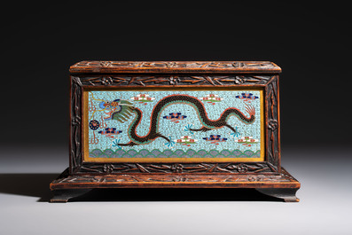 A Chinese wooden 'Dragon' casket mounted with cloisonn&eacute; plaques, 19/20th C.