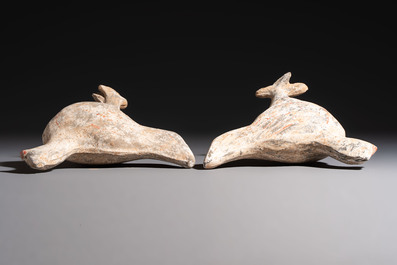 A pair of Chinese cold painted terracotta roosters, Han or later