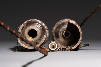 Two Vietnamese waterpipes in wood, silver and metal, one with mother-of-pearl inlay, 19th C.