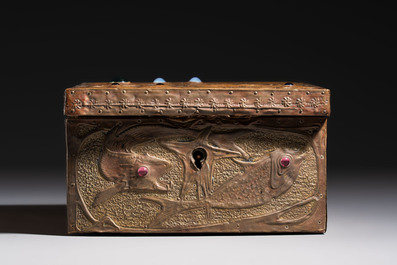 Alfred Daguet (Paris, 1875-1942): An Art Nouveau repouss&eacute; copper-mounted box with aquatic animals and inset glass eyes, monogrammed A.D., ca. 1900