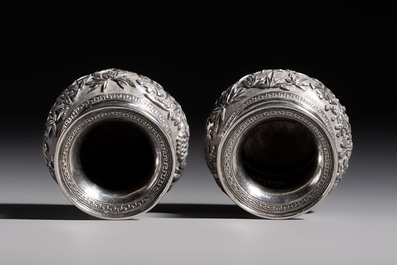 A pair of Chinese silver jarlets, a pair of saucer dishes, a rectangular casket and a cylindrical box, 19/20th C.