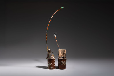 Two Vietnamese waterpipes in wood, silver and metal, one with mother-of-pearl inlay, 19th C.