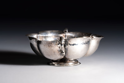 An Italian silver lobed footed bowl with handles, mark of the crossed Keys of St. Peter under a liturgical umbrella, Papal States, Rome, 18th C.
