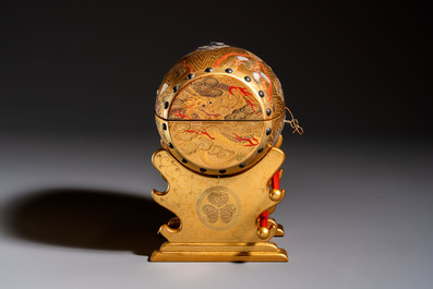 A Japanese Shibayama lacquer taiko drum-shaped casket on its original stand, Taisho, 19/20th C.