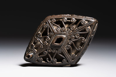 A Chinese openworked double-walled lozenge-shaped bronze water dropper, Ming